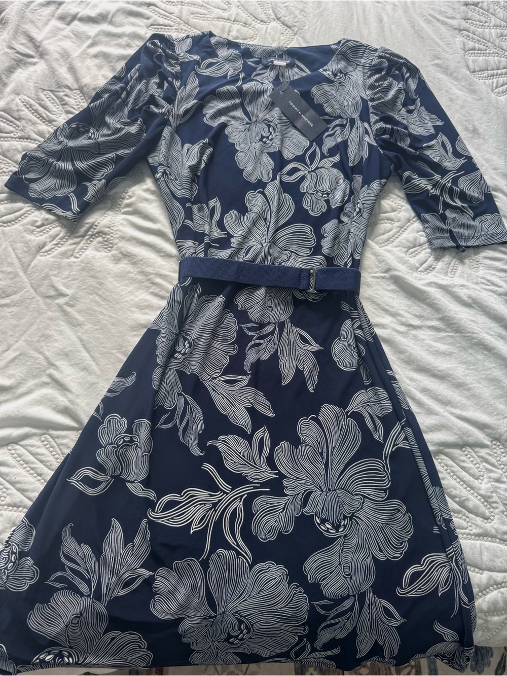 Tommy Hilfiger Dress in Navy and White with Belt